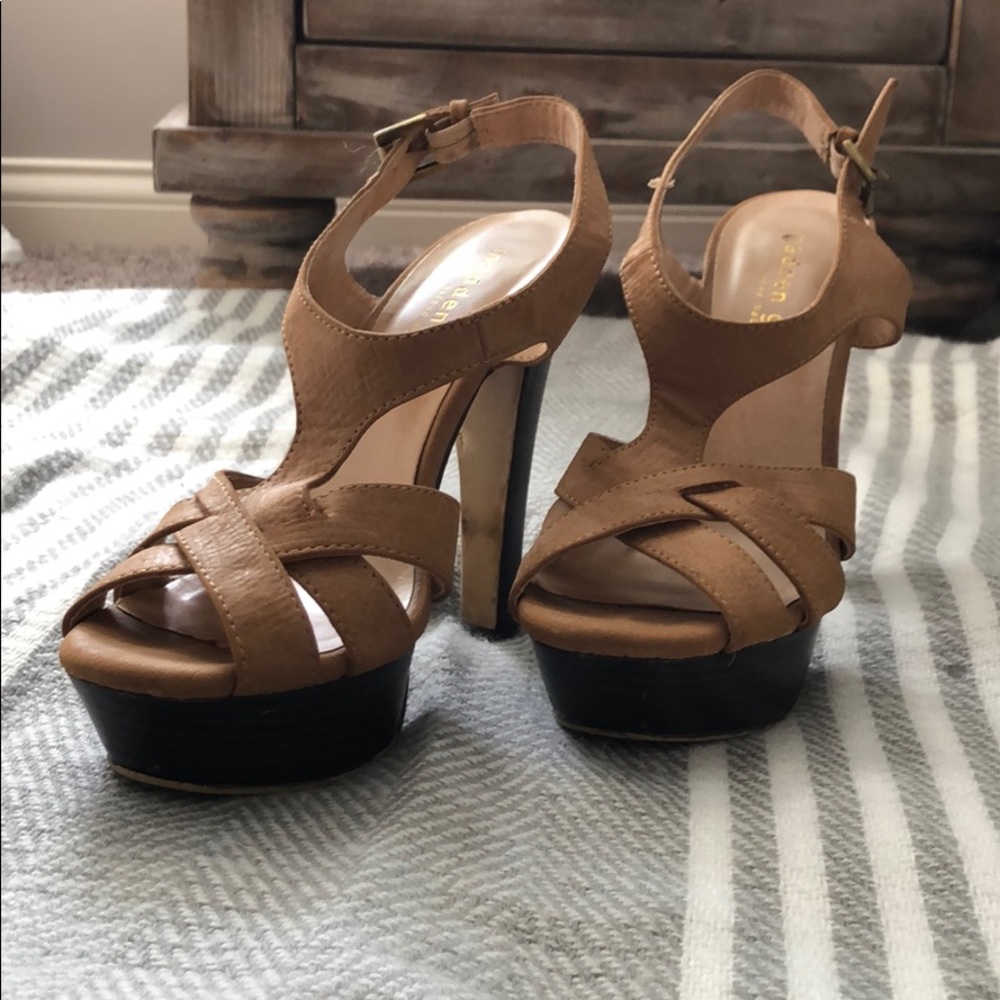 Nude colored stilettos.